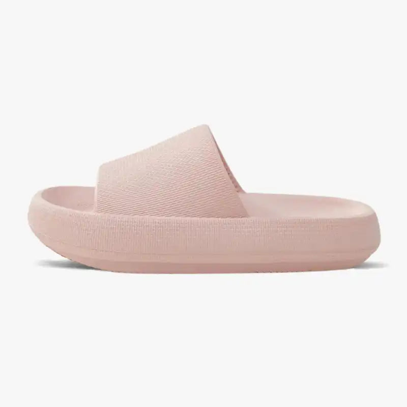 Rosa Slappy Cloud Slides Schlappen – Modische Damen-Badeschlappe mit dicker Sohle in der Seitenansicht.